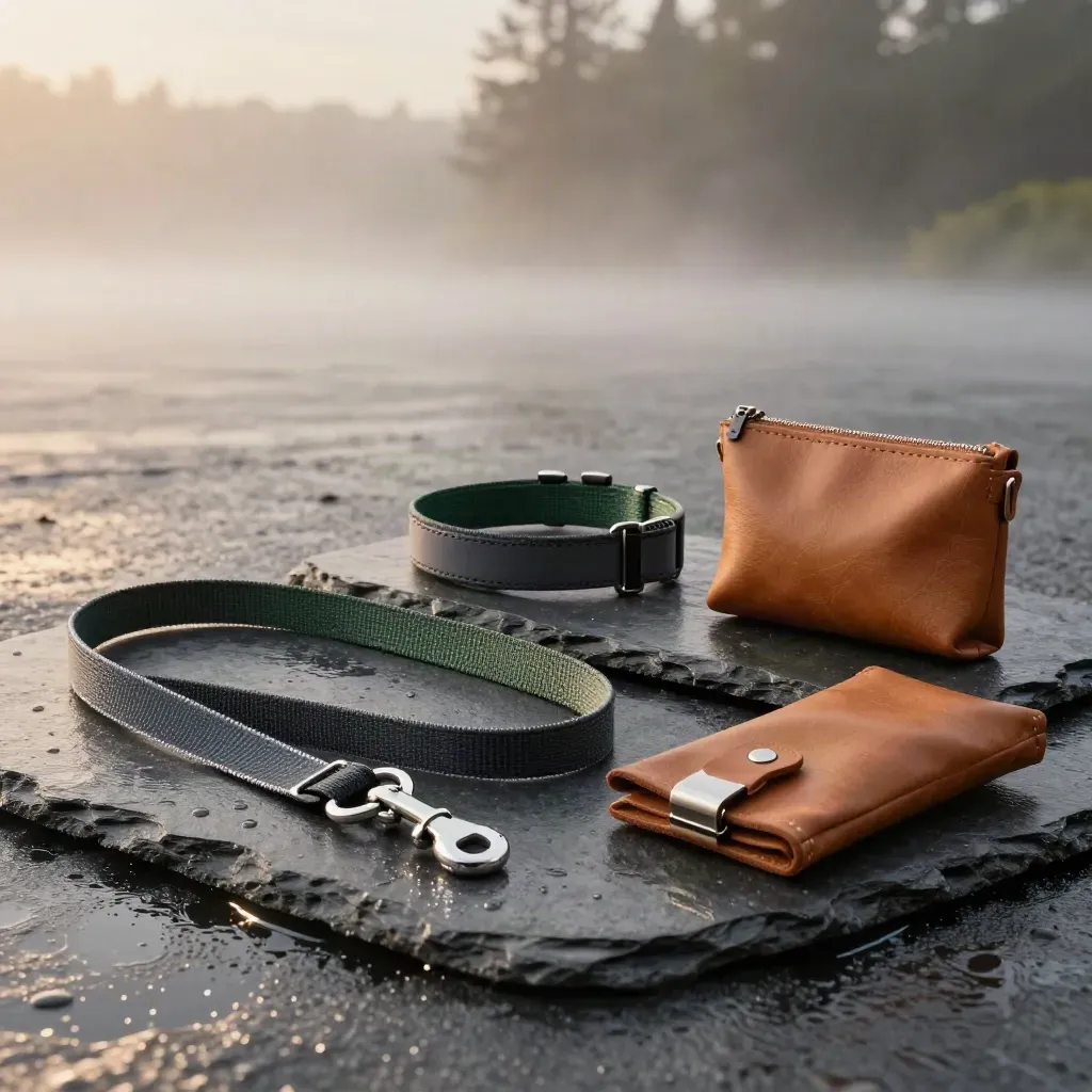 Dog walking essentials kit on wet slate with lead, collar, treat pouch and bag holder