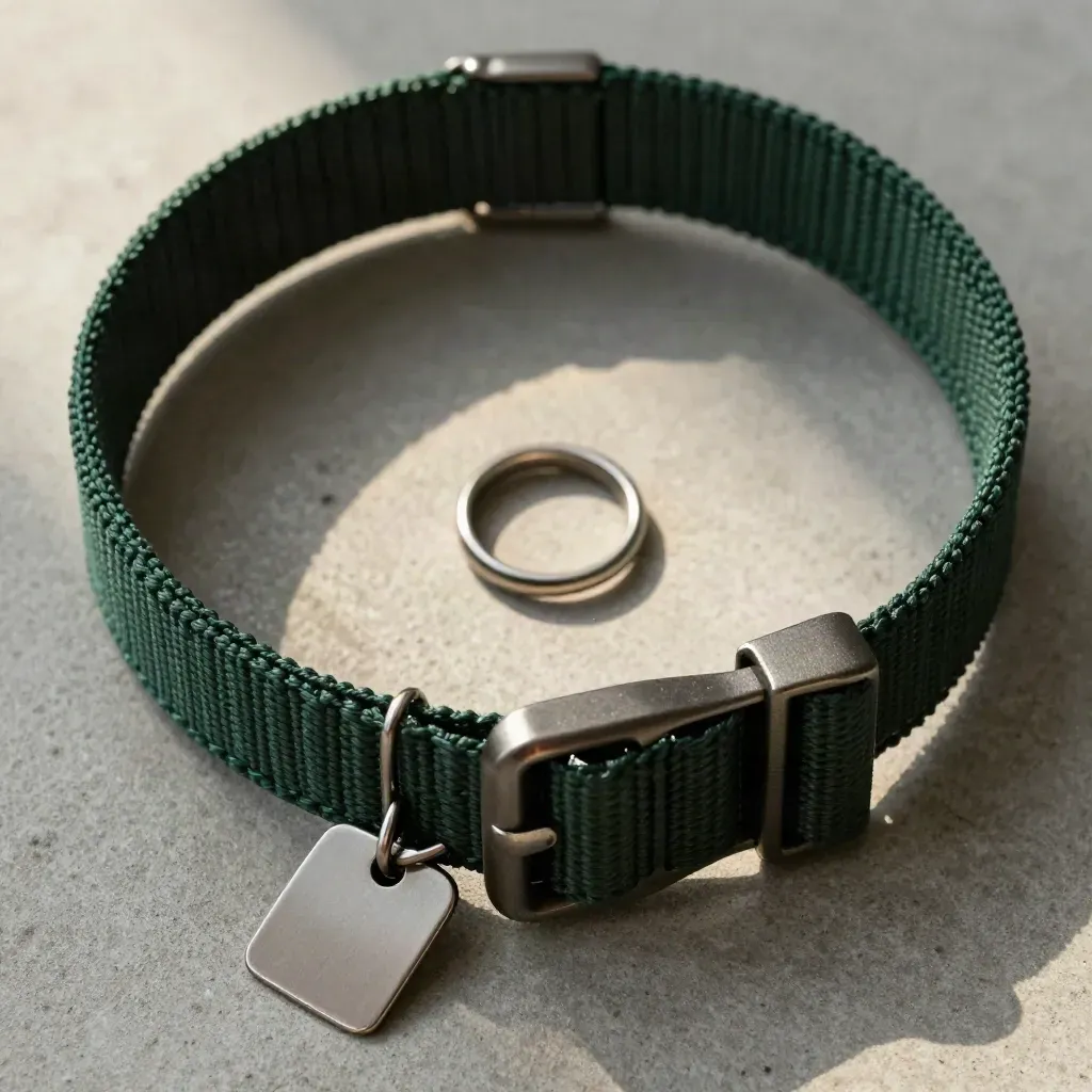 Macro of a forest-green nylon dog collar with buckle, keeper loop, lead ring and metal tag on concrete