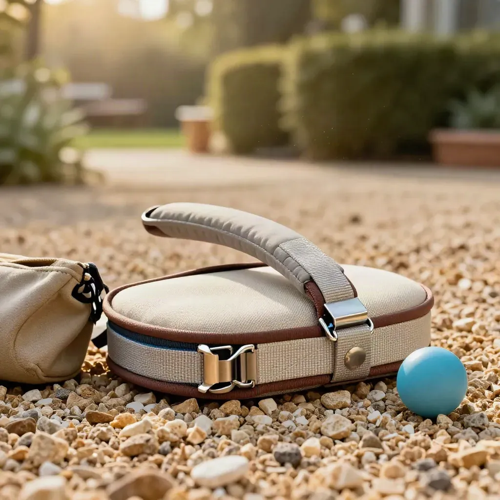 Padded dog lead beside a canvas treat pouch and sky-blue ball on pale gravel