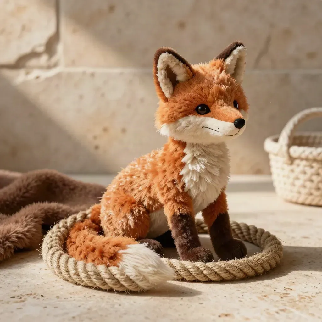 Plush fox rope dog toy arcing on travertine with soft studio light