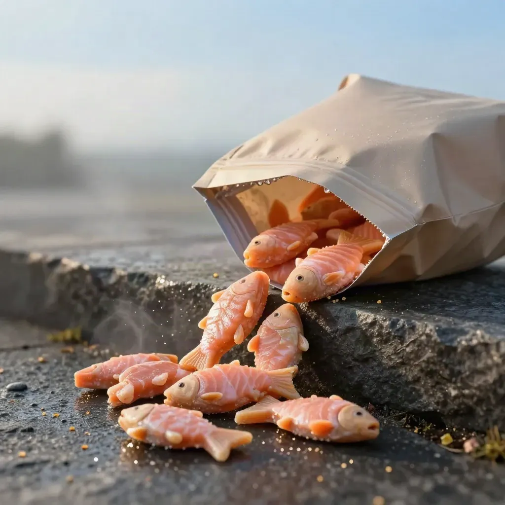 Unlabelled salmon dog treats spilling from a pouch on a damp stone ledge.